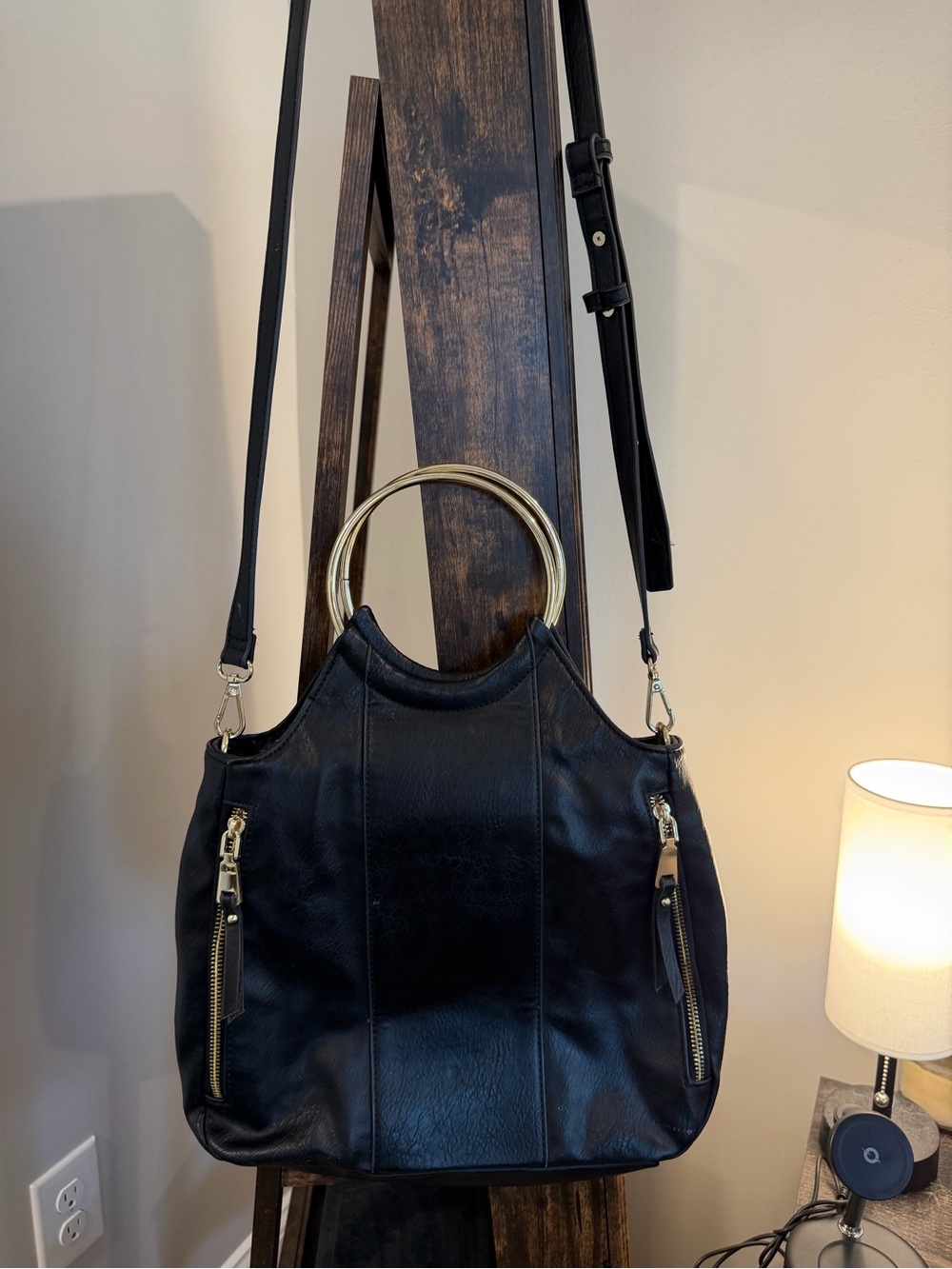 INC Stylish Black Women’s Tote with Gold Ring Handles